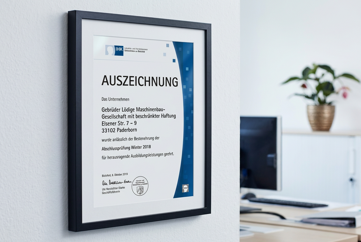 Bild einer IHK Auszeichnung von Lödige.